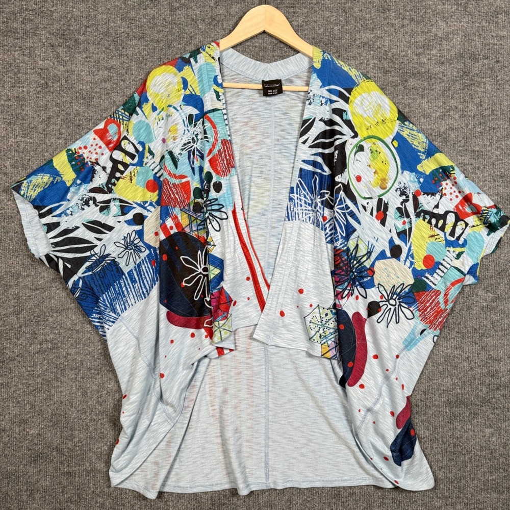 Inoah Womens One Size Cardigan White Graphic Draped Artsy Maximalist Art To Wear